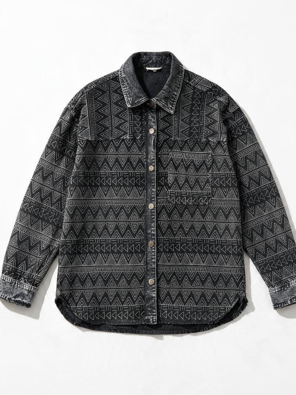 La Miel Black Corduroy Aztec Patterned Button-Up Oversized Shacket Jacket Small